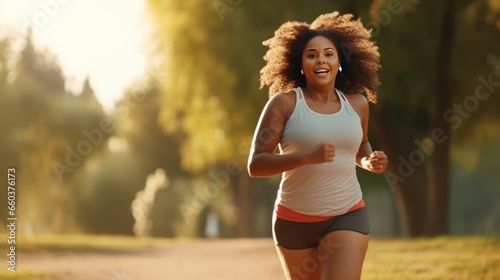 Young African American plump woman jogging through the city park. Weight loss running workout. A morning boost of energy on the way to your goal. Active and healthy lifestyle.