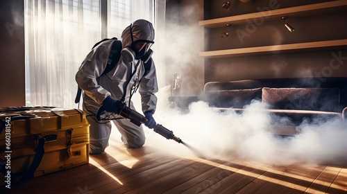 a man in a protective suit sprays the interior of an apartment with steam to combat bedbugs