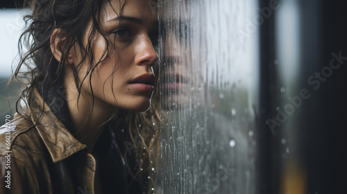 portrait of a beautiful brunette girl who got wet in the rain and leaned her face against the window with raindrops running down it