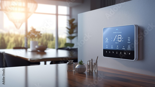 touch panel of a smart house on the wall of a modern room in a private house, from the window of which you can see a green forest and a sunset