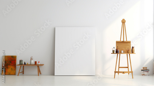in a spacious white room, an empty white canvas for an as-yet-unpainted picture is propped against the wall, on one side is a wooden easel with paints and pencils, and on the other is a small bench