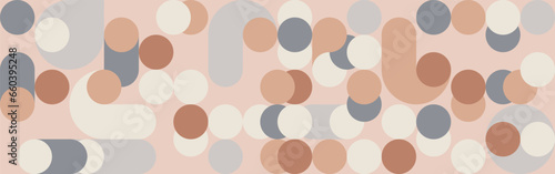 Seamless geometric mosaic in trendy coffee shades, circles and squares texture for textile or wallpaper. Gray and brown background for cover template and web design.