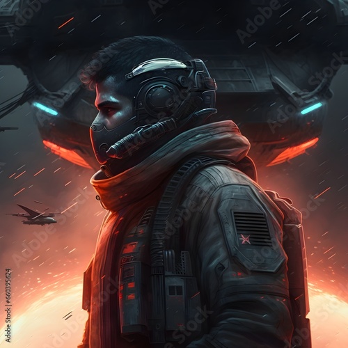 add space background and give the mercenary a scifi helmet 