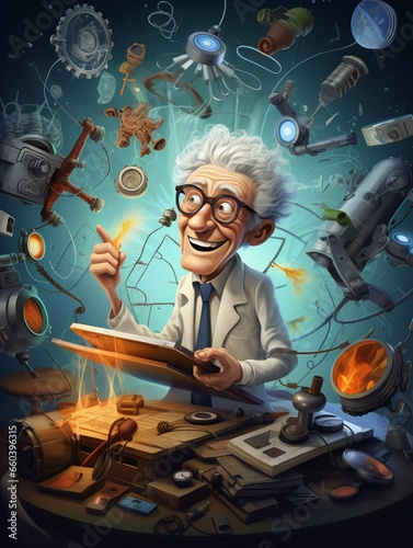 cartoon old scientist inventor with many educational tools and symbols, in the style of quirky caricatures