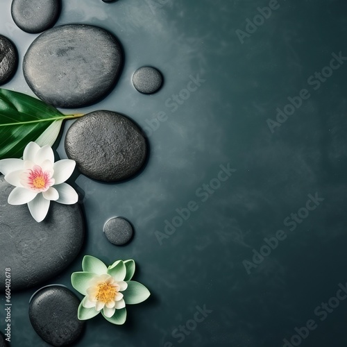 A flat lay, aerial view captures the serene beauty of smooth stones nestled in tranquil water, adorned with delicate lily pads, all bathed in soft, ethereal lighting