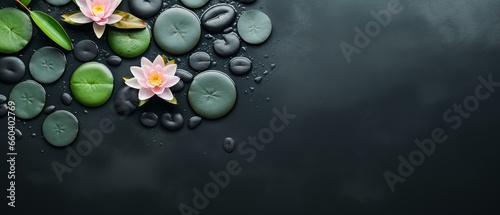 A flat lay, aerial view captures the serene beauty of smooth stones nestled in tranquil water, adorned with delicate lily pads, all bathed in soft, ethereal lighting