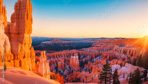 Beautiful rich nature of Bryce Canyon National Park at sunset. High resolution, photogenic. cinematic wide angle shot