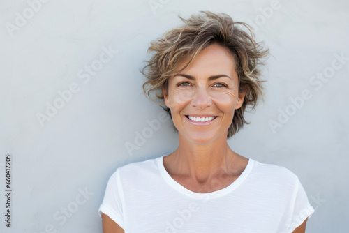 Smiling middle age woman wearing white shirt.