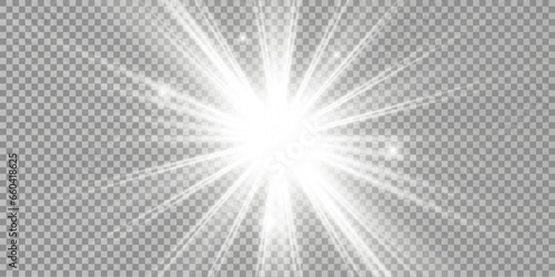 White beautiful light explodes with a transparent explosion. Vector, bright illustration for perfect effect with sparkles. Bright Star. Transparent shine of the gloss gradient, bright flash.