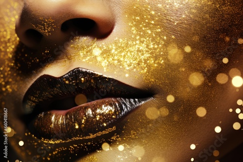 Fashion female model in bright golden lights. Close up view of beautiful woman lips. Glitter gold makeup, trendy glowing make-up concept