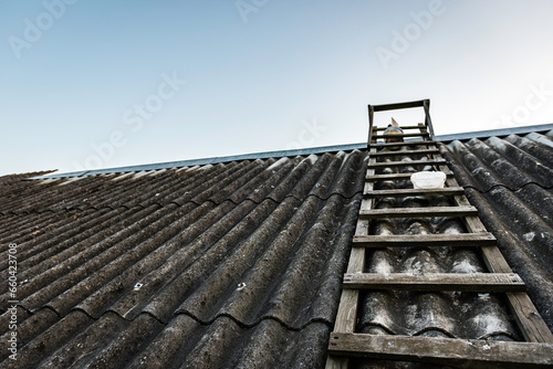 Old asbestos cement roof sheets with dirt.