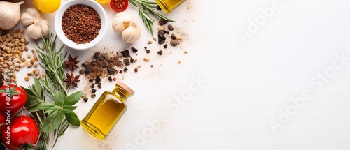 An organized flat lay featuring herbs, oils, and fresh produce, elegantly arranged in preparation for a cooking session, with generous empty space for additional content or design elements.