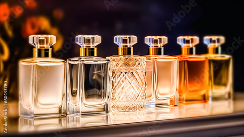 Luxury fragrance bottles at perfume scent at presentation event, bespoke perfumery and beauty product sale, generative ai