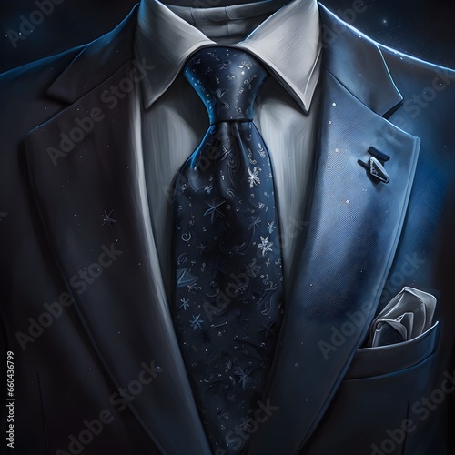 mens suit midnight blue black undershirt formal attire blue and silver paisley tie silver buttons shaped like stars photo realism realism 4k 