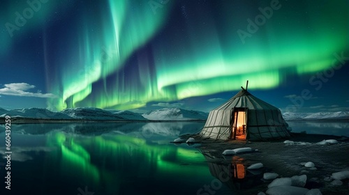 AI generated illustration of a traditional yurt under aurora borealis by a lake
