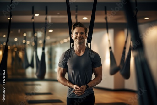Lifestyle portrait photography of a satisfied boy in his 30s doing aerial yoga in a studio. With generative AI technology