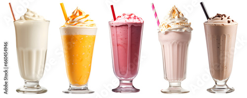 Milkshake Smoothie in cup on transparent background cutout, PNG file. Many assorted different flavour Mockup template for artwork design