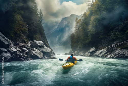 Whitewater kayaking, extreme kayaking. A guy in a kayak sails on a mountain river.