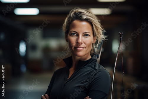 Three-quarter studio portrait photography of a concentrated mature woman practicing archery in a shooting range. With generative AI technology