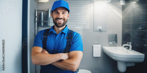 plumbing services. smiling plumber in blue uniform standing in bathroom. banner with copy space