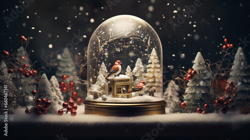 Birds sitting in a glass dome Merry Christmas background. Holiday season, birdhouse, pine trees, night, toy, miniature, Generative AI.