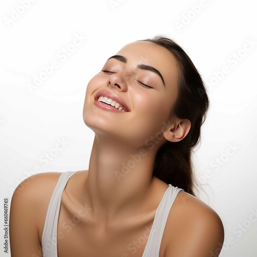 A beautiful 22 year old beauty model with a high - end face, relaxed and relaxed expression sleeping, smiling at the corners of the mouth, facing up sideways, with a white background