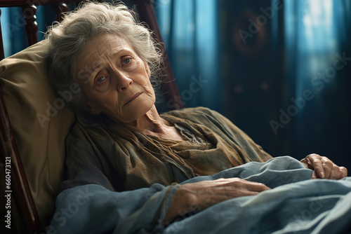 Sad serious Sick old lady lying at a hospital bed