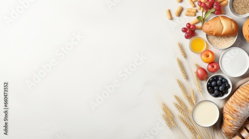 Shavuot flat lay with dairy products first fruits and wheat on light gray background web banner