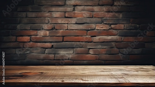 Photomontage or product display with empty brown wooden table and blurred old black brick wall backdrop