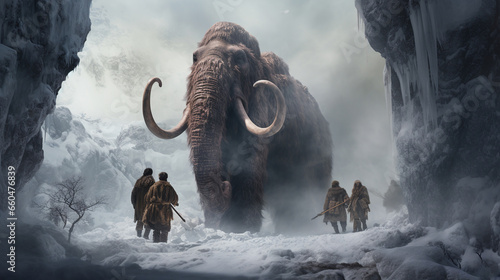 Caveman hunting woolly mammoth. ai generative
