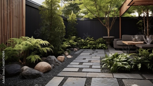 Textured and contrasting elements like pebbles flagstone and pavers along with minimalist plantings create a small contemporary Asian urban garden