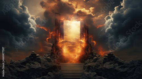 Religious theme concept with entrance to Heaven and Hell