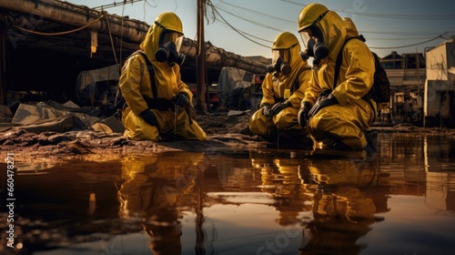 Rescuers wear protective yellow suits for chemical spill exercises at plant