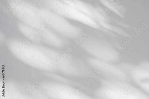 Light and shadow of leaf abstract grey background. Natural shadows and sunshine diagonal refraction on white concrete wall texture. Shadow overlay effect for foliage mockup, banner graphic layout