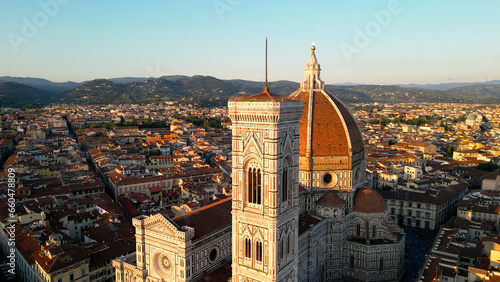 Aerial close view of the Florence Cathedral (Duomo di Firenze) at sunset, Italy