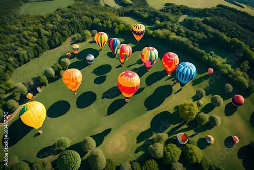 Create an aerial view of a air balloon festival with colorful balloons floating above the landscape