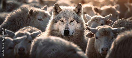 A wolf hiding among a flock of sheep, leading the way or waiting for the right moment to act - Concept of identity and difference, of being unique among others, or metaphor for hidden risk and danger