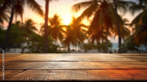 Wooden empty bar with sunset beach and coconut tree background for presentation advertising a new products. Generative Ai 