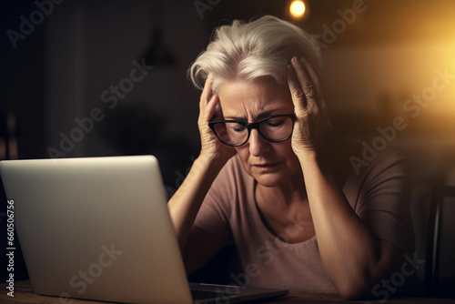 Frustrated older woman unable to cope with the problem. Internet fraud victim cheated on the Internet while sitting at a desk with a laptop. Generative Ai.