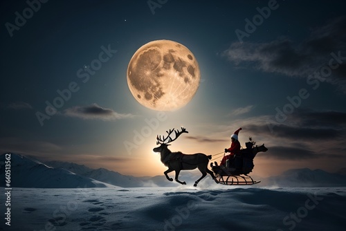 Santa Claus on a sleigh with moon in the background
