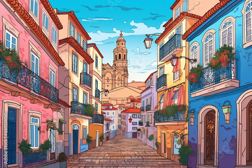 Lisbon urban landscape. Pattern with houses. Illustration