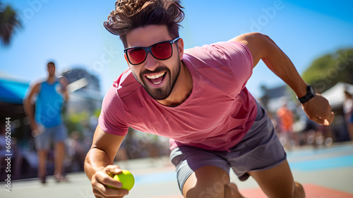 Latino en Acción jugando Pickleball al aire libre bajo el sol cileo azul y actividad deportiva