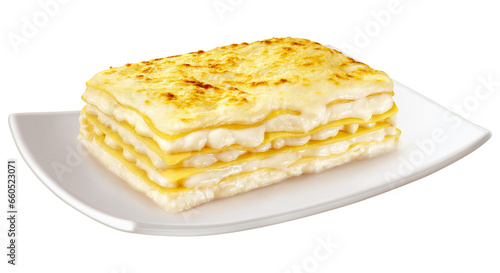 prato com lasanha de quatro queijo ao molho branco gratinado com permesão isolado em fundo transparente