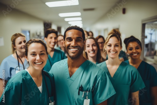 a group of smiling medical workers standing in hospital corridor