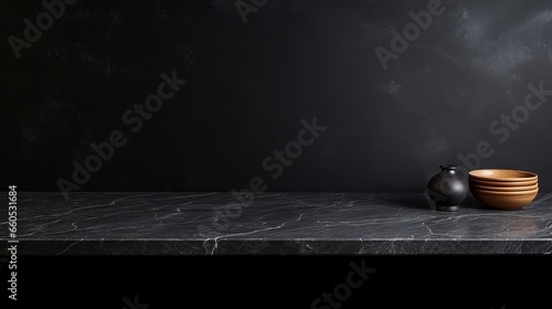 Empty table marble black countertop on black wall