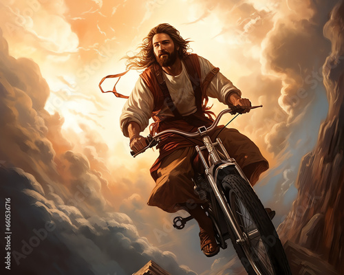 Jesus in den Wolken auf einem Motorrad