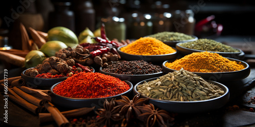 Wide food recipe banner image of different types Asian of spices in wooden bowls