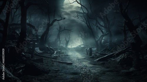 A foggy forest at night, illuminated by the moon, with a mysterious path heading towards a halo.