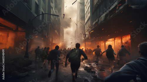 People are running and dodging bombs in the civil war. Civil war concept illustration with people running for their lives, World War 3 concept.