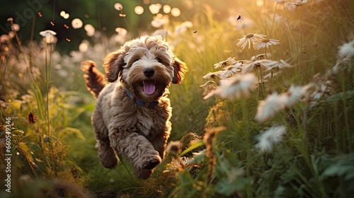  a small dog running through a field of grass and flowers. generative ai